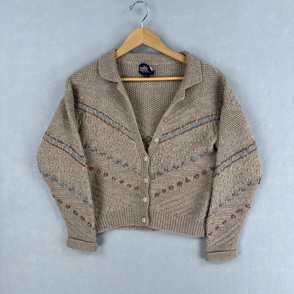 Vintage Lands' End Sweater Cardigan Womens Small Beige Wool Fair Isle England